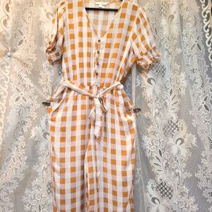 June & Hudson Womens Size L White/Tan/Pink Plaid Pantsuit Jumpsuit w/pockets